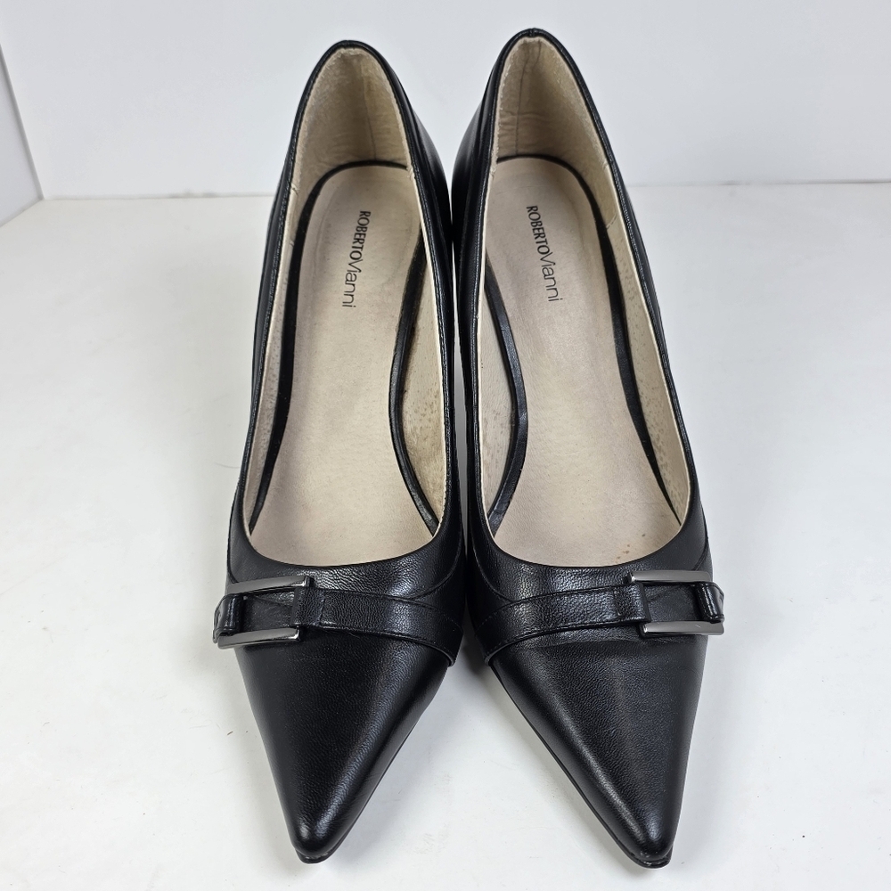 Roberto Vianni Black Leather Buckle Stiletto Heels - Picture 3 of 9